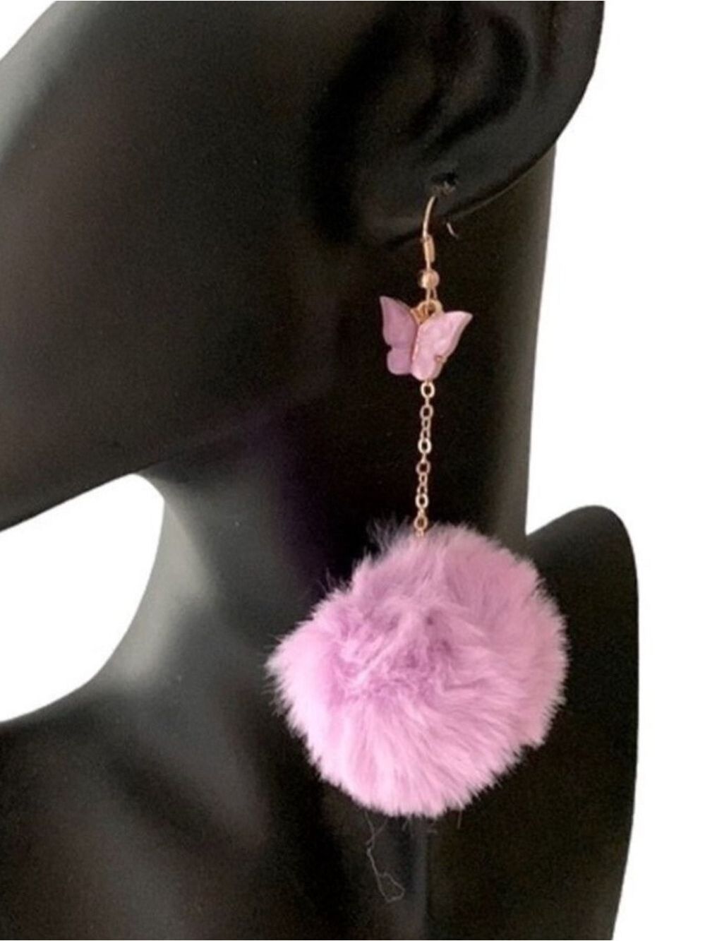 LAVENDER Pom Pom Butterfly Pierced Earrings Gold Tone Chain - Picture 4 of 4